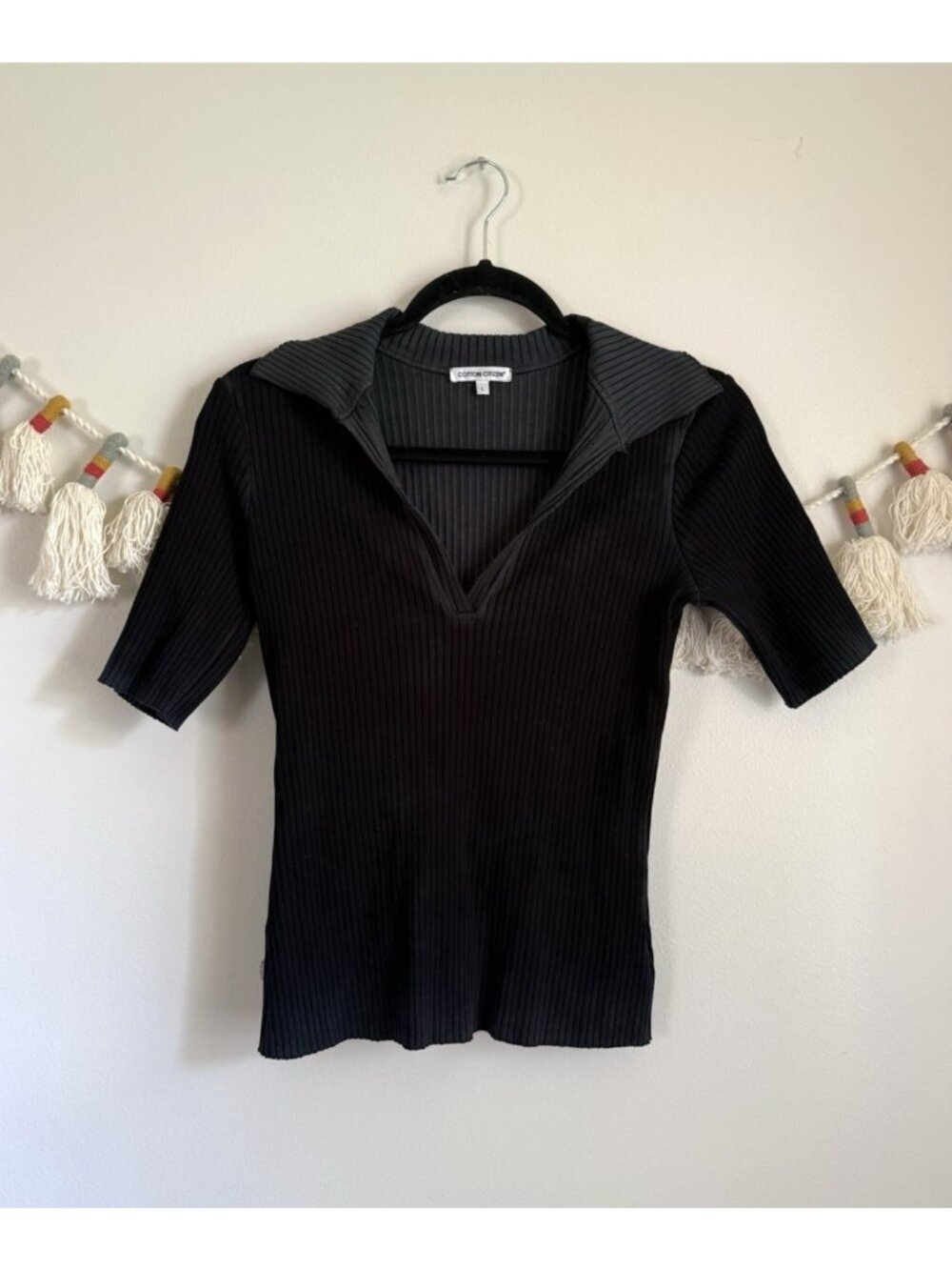 Cotton Citizen Ibiza Cotton Blend V-neck Short Sleeve Vintage Black Polo Top L